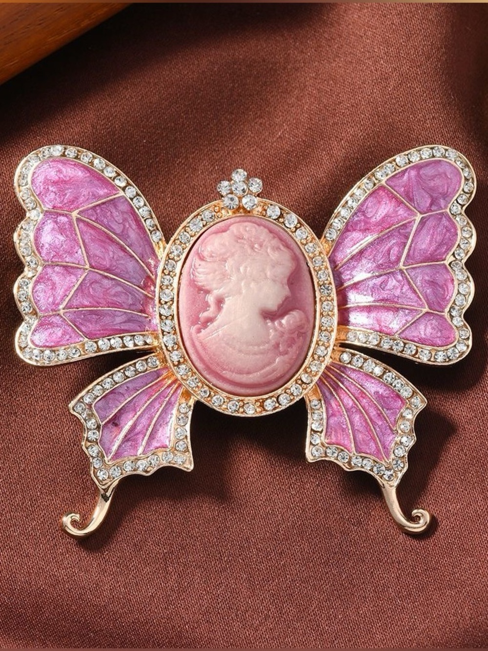 Pink Cameo Butterfly Brooch Rhinestone Crystal Gold Tone Vintage Style